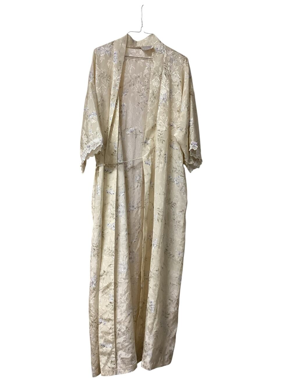 Vintage California Dynasty Floral Satin Jacquard Robe Lace Trim Tie Front Duster